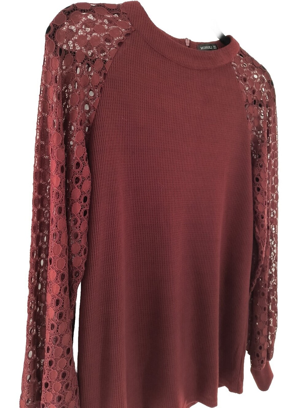 Miholl Women's Blouse Lacy Sleeves Waffle Weave Burgundy 069